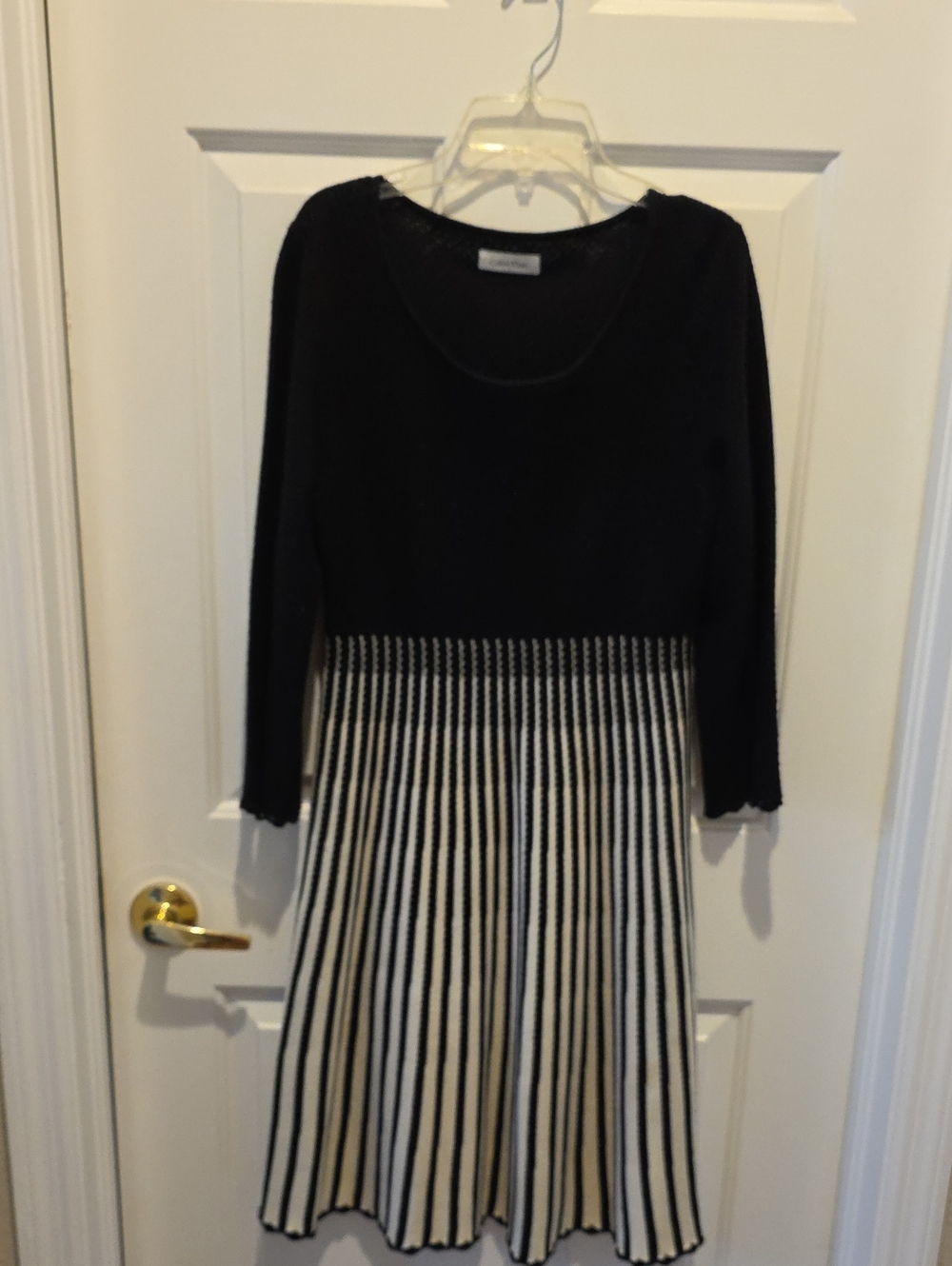 Calvin Klein Black and White Long-Sleeve Fit-and-Flare Dress